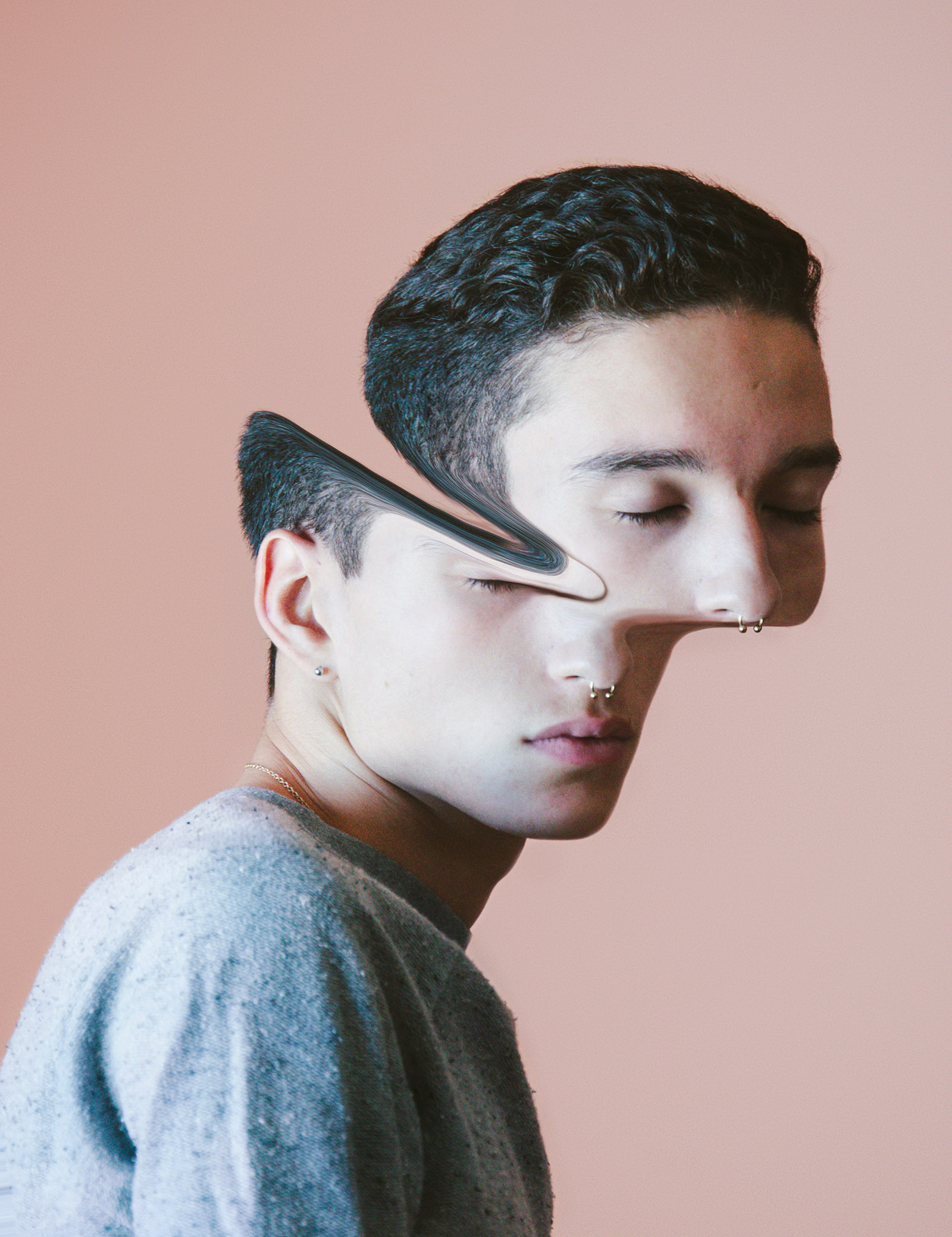 Victor Zepeda's artistic portrayal of a man's profile where the top half appears to be sliced off revealing a surreal and abstract representation of the face.